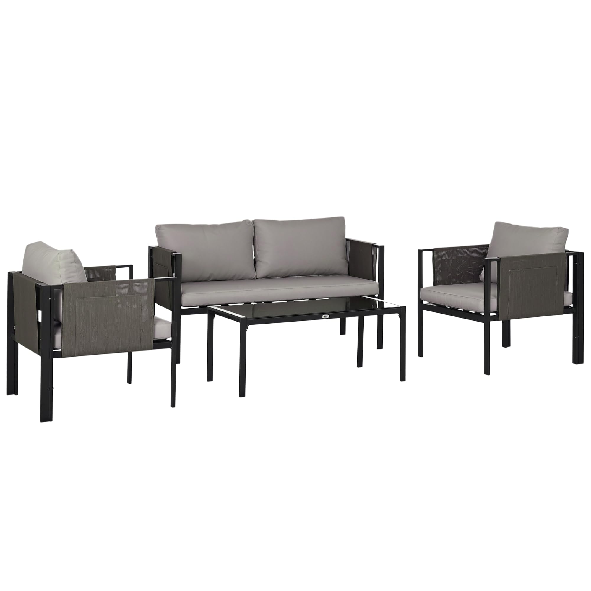 Outsunny 4pc Grey Garden Furniture Set - 2 Armchairs, 1 Sofa, 1 Coffee Table - Steel Frame