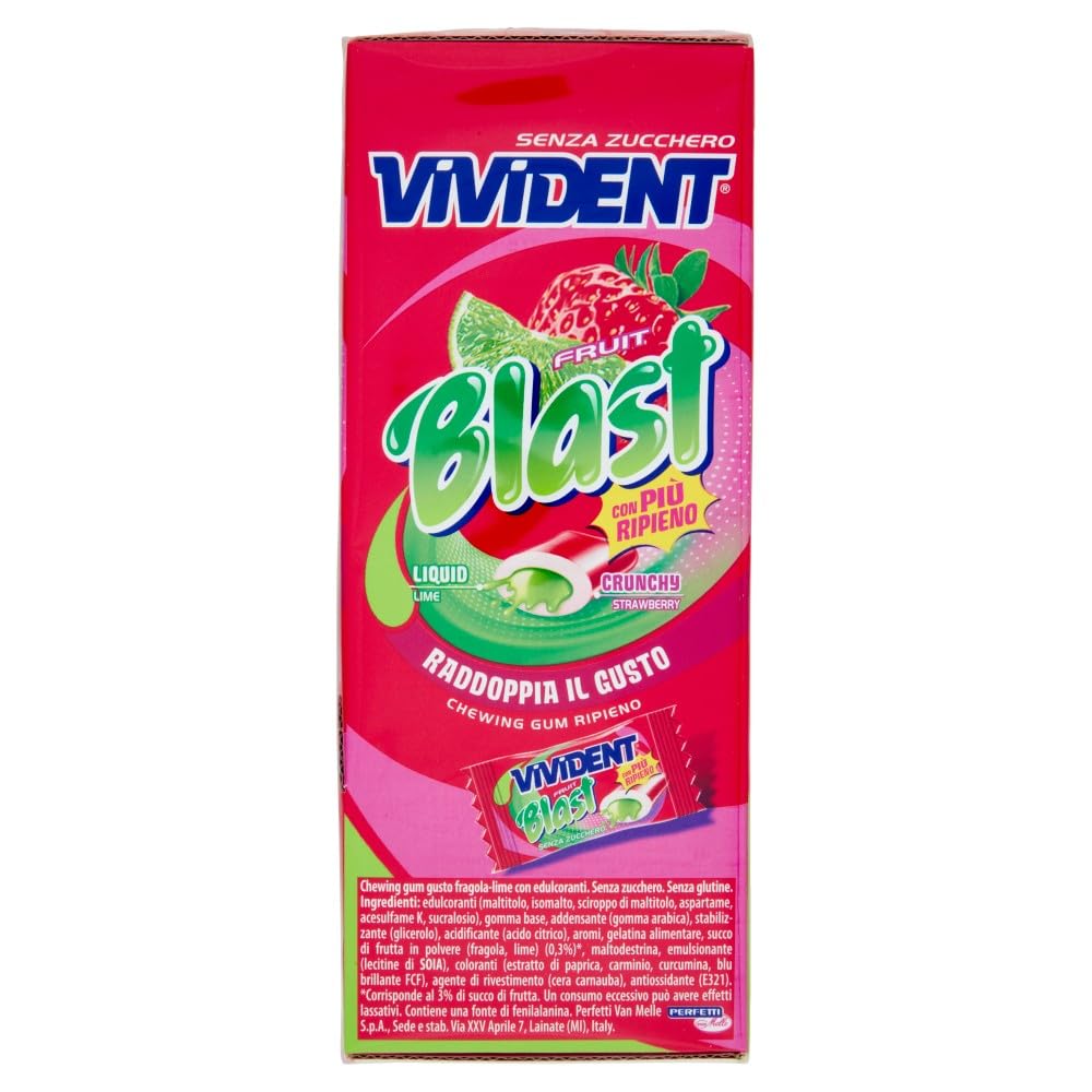 Vivident Fruit Blast, Chewing Gum Ripieno, Senza Zucchero, Gusto Fragola Lime, Senza Glutine, Confezione da 200 Gomme da Masticare