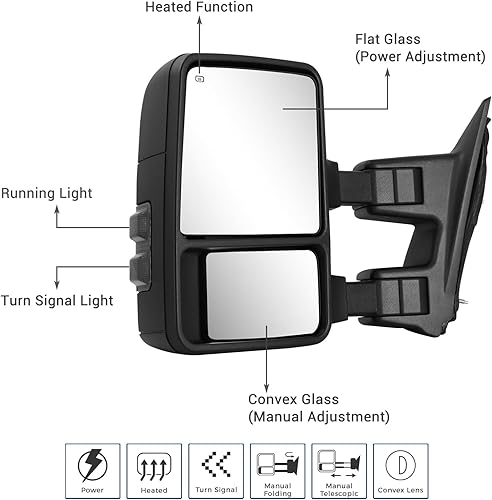 Vista 2 de HF AUTOPARTS - 2 espejos retrovisores laterales de repuesto con direccionales, LED alimentado con calor, resistentes, extensibles y plegables, un