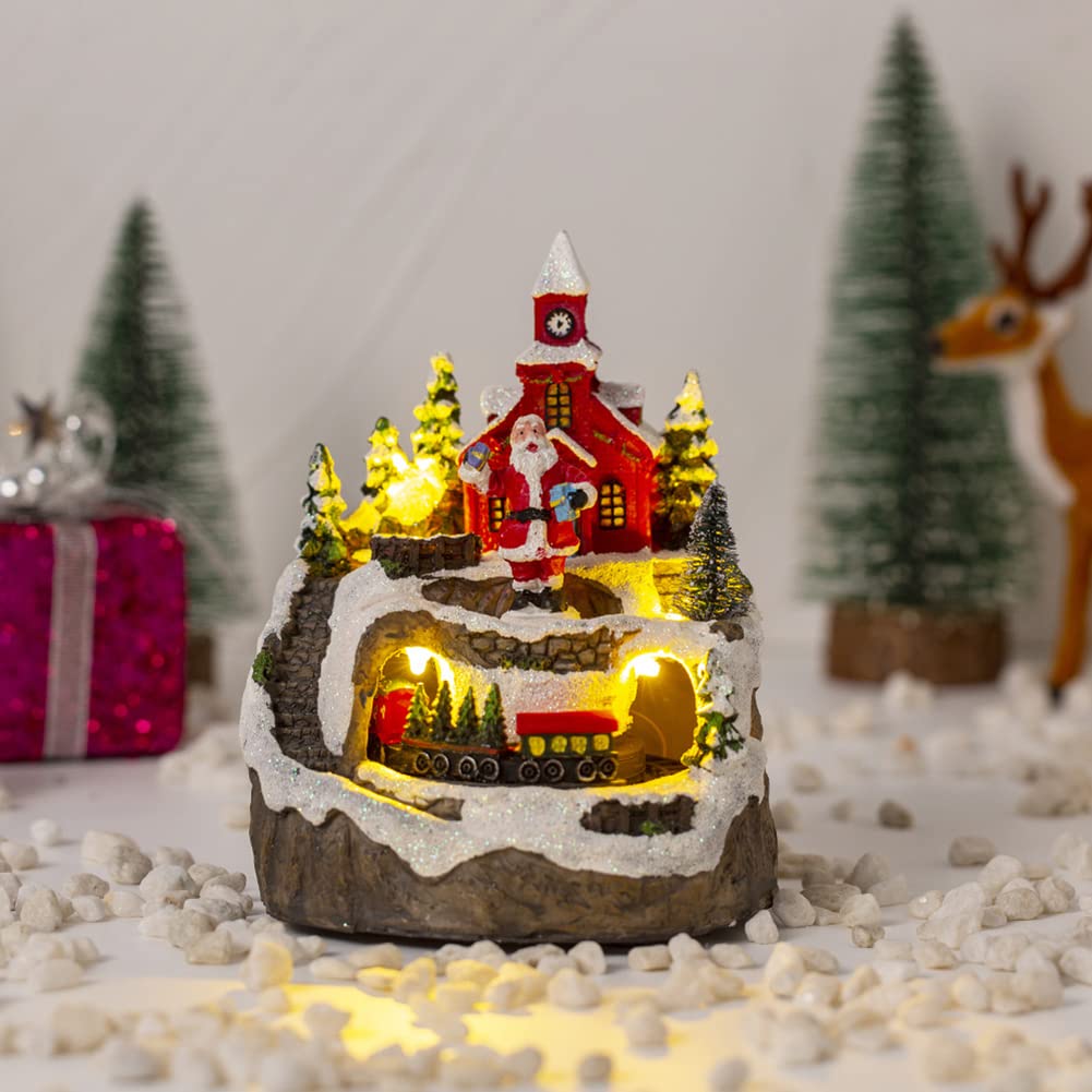 Uposao Decoración de Navidad LED Papá Noel muñeco de nieve resina con iluminación, música, casa de Navidad, miniatura, pueblo de Navidad, decoración con decoración de nieve, escena de Navidad, mesa