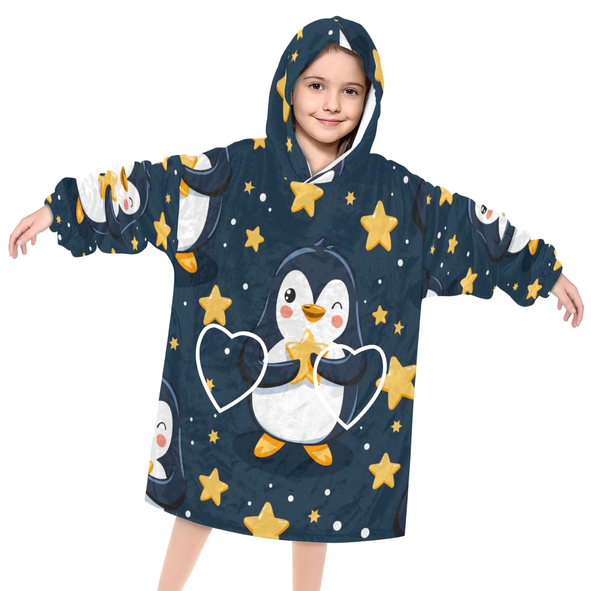 Pardick Wearable Blanket Hoodie for Kids, Cute Penguin Fleece Sweatshirt Blanket Oversized Blanket Sweatshirt with Pocket Flannel Warm Hooded Blanket 6-10 Year Old Girl Boy Gift, One Size