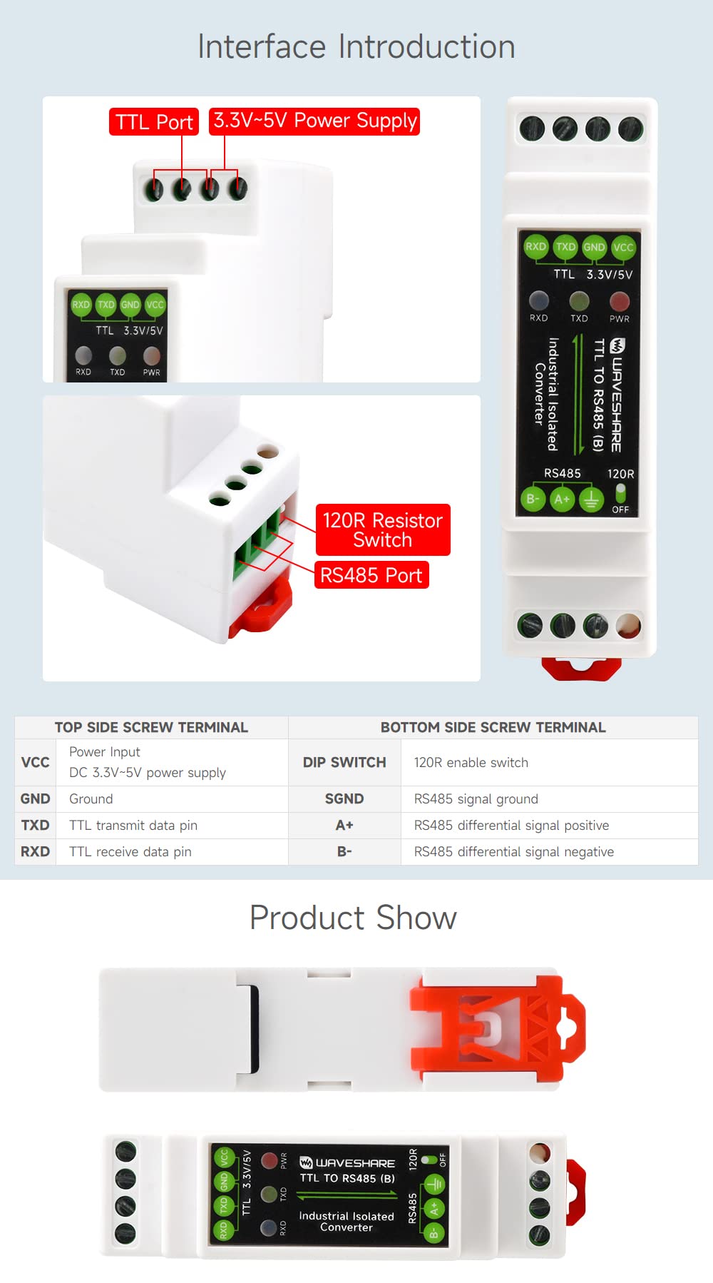 Waveshare Rail-Mount TTL To RS485 Galvanic Isolated Converter 600W Lightningproof & Anti-Surge Multi-Isolation Protectio Longer Transmission Distance