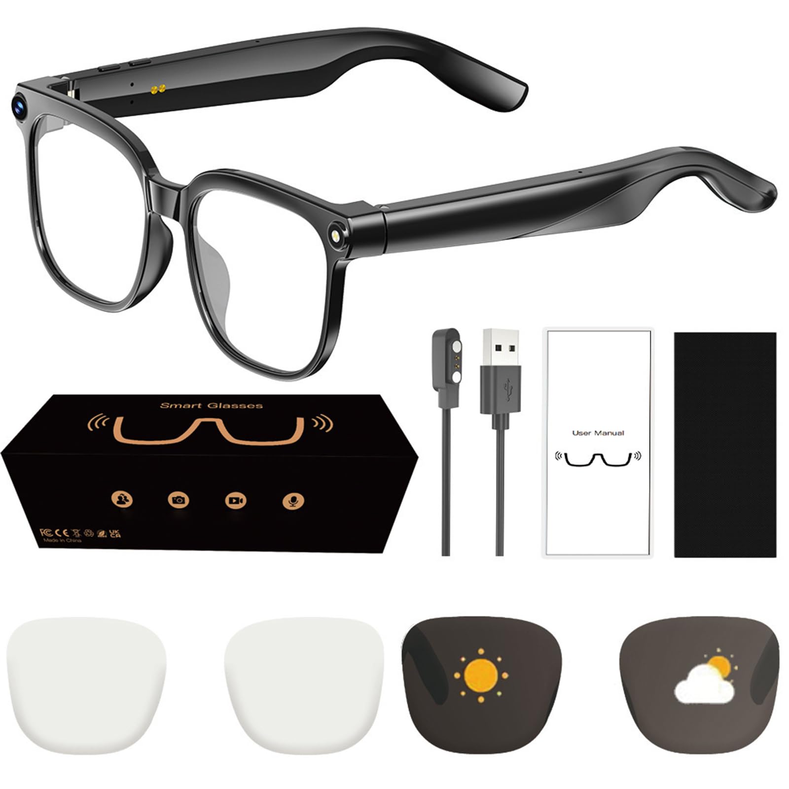ULUCAN Gafas inteligentes con IA y cámara de 8 MP, gafas de sol con audio Bluetooth de oído abierto para hombres y mujeres, asistente de voz con IA, reconocimiento de objetos, traducción