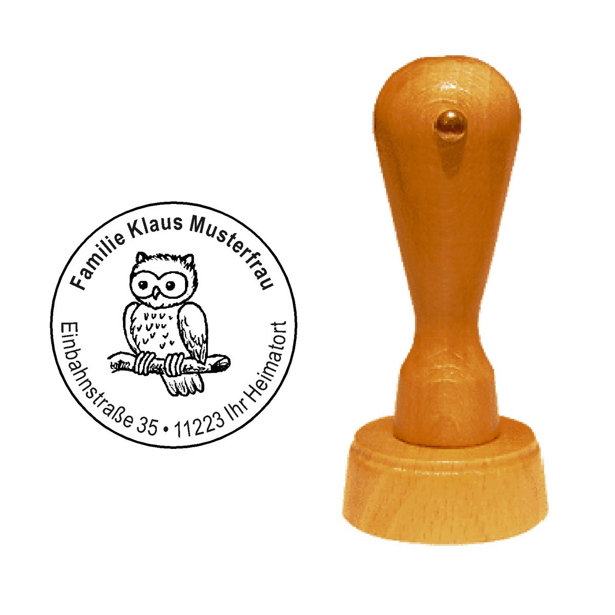 Stempel personalisiert runder Holzstempel niedliche Eule Uhu Kautz auf Ast Adressstempel Ø 40 mm mit persönlicher Adresse und Motiv