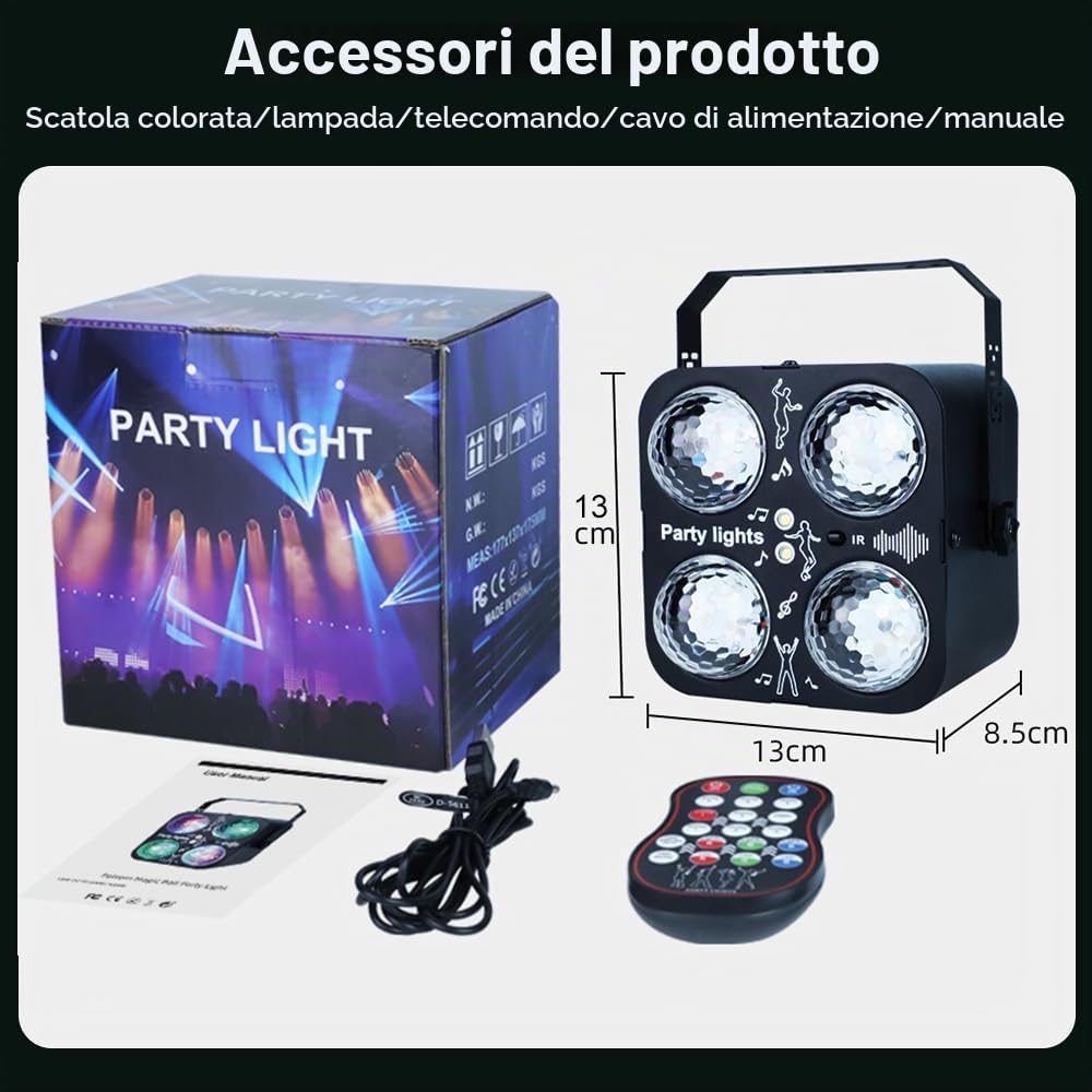Luci Discoteca, Luce DJ a Ritmo di Musica con Palla da Discoteca Rotante, Portatile Luce del Partito, RGB Party Lampada Strobo per Feste Esterno e Interno, Natale, Halloween, Bar, Club, Karaoke