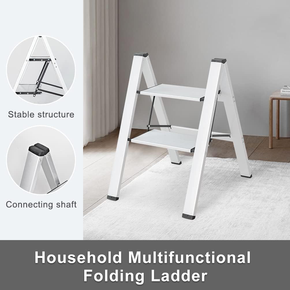 BAOYOUNI 2 Step Ladder Lightweight Folding Aluminum Step Stool Heavy Duty Stepladders Storage Shelf Rack with Anti-Slip Wide Platform for Household, Office, Painting - Silver (2-Step)