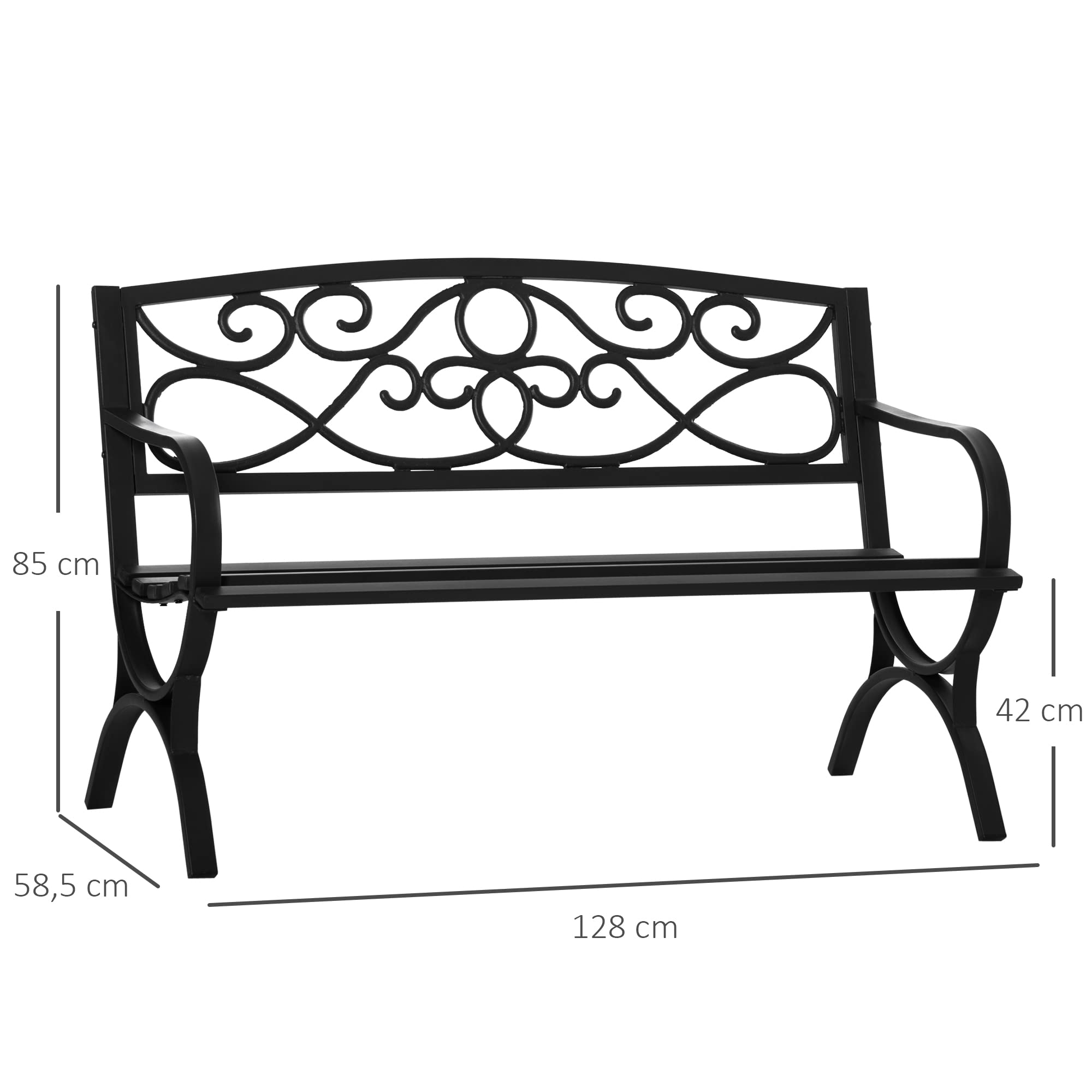Outsunny Banc de Jardin 2 Places Banquette extérieur terrasse Patio Dossier incliné Assise à Lattes accoudoirs Confortables châssis Acier Fonte 128 x 58,5 x 85 cm Noir
