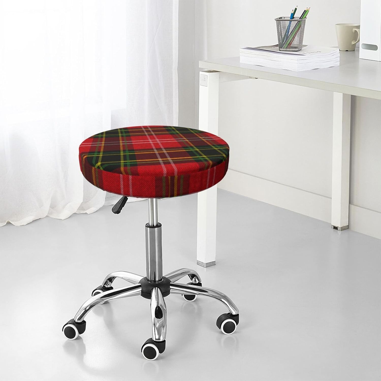 Tartan Plaid Red Green Stool Slipcover Round Set of 2, Washable Elastic Barstool Seat Cushion Covers for 14 inch