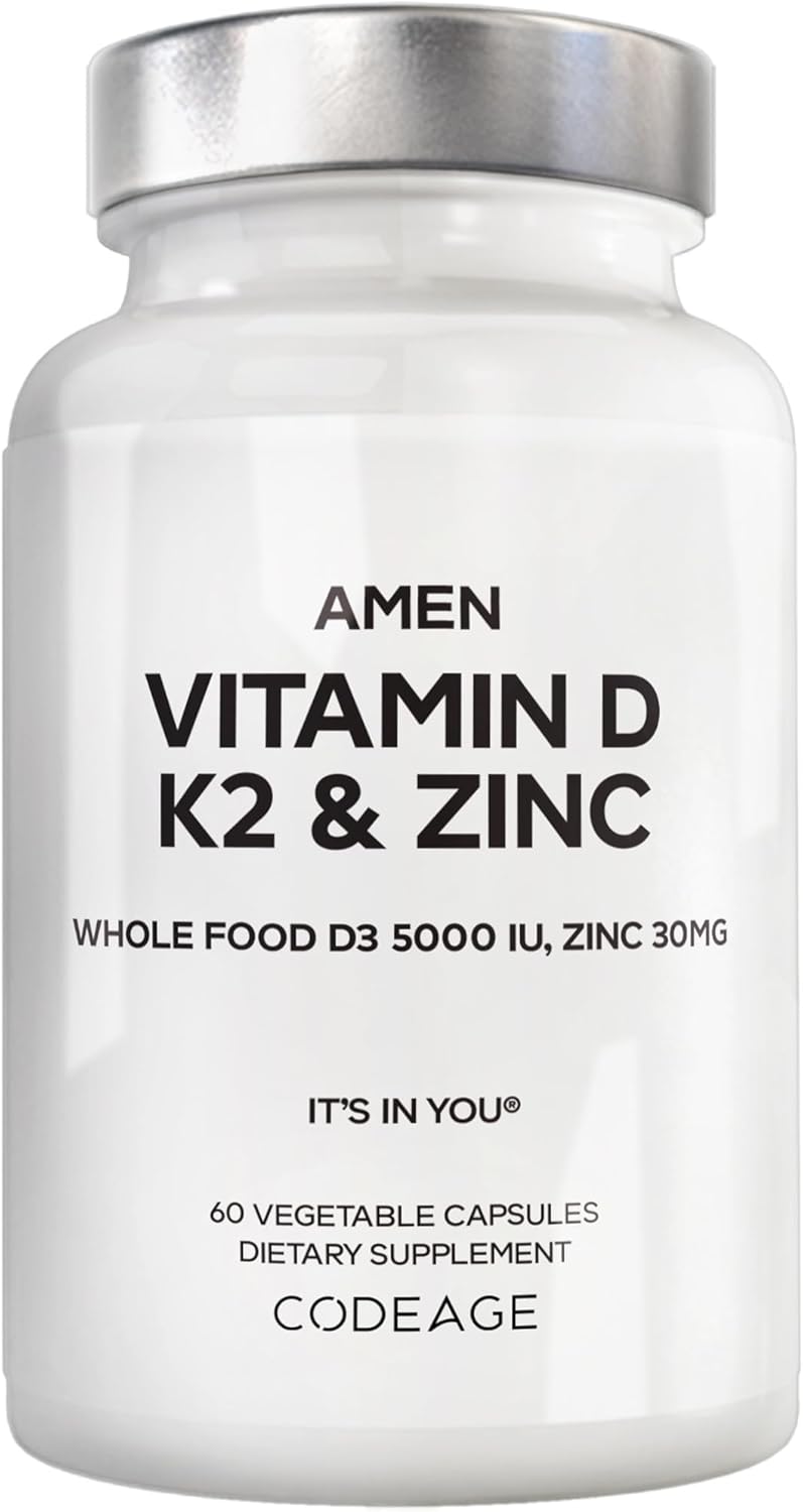 Amen Vitamin D, K2 & Zinc, Cholecalciferol D3 5000 IU, Organic Whole Food Blend with Apple, Blueberry, Cranberry, Elderberry Powder Fruits, Vegan Supplement, D3 K2 Vitamins, Non-GMO – 60 Capsules