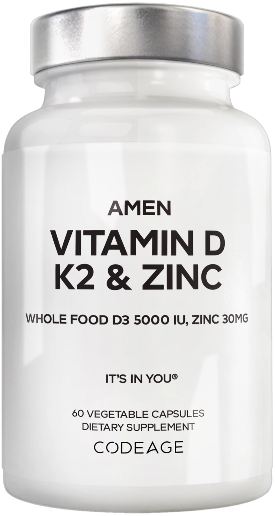 AmenVitamin D, K2 & Zinc, Cholecalciferol D3 5000 IU, Organic Whole Food Blend with Apple, Blueberry, Cranberry, Elderberry Powder Fruits, Vegan Supplement, D3 K2 Vitamins, Non-GMO - 60 Capsules