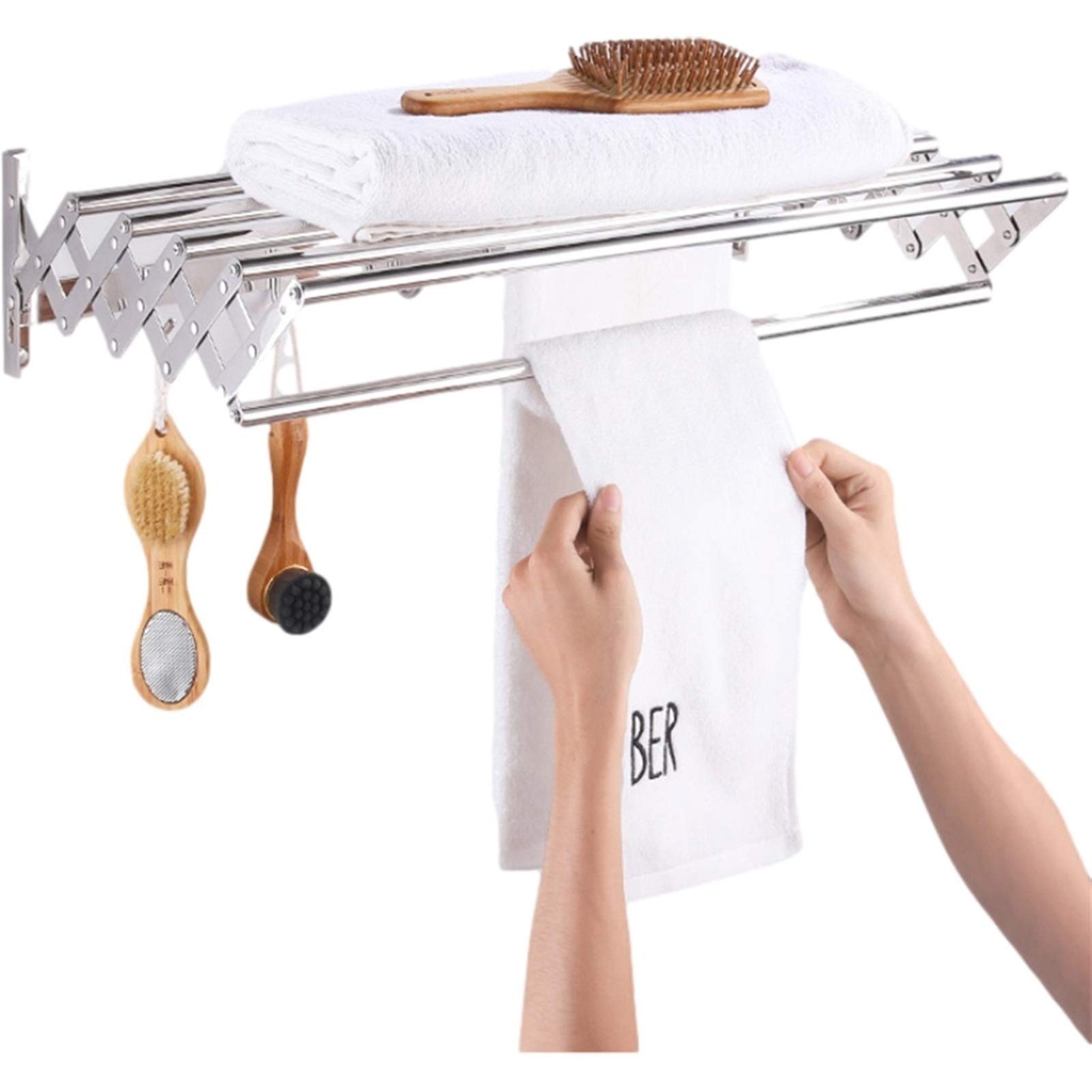 Wand-Wäscheständer, zusammenklappbar, einziehbar, Wäscheständer, Handtuchhalter, Bar, Wäscheständer, erweiterbar, Wäscheleine, Kleiderbügel, Haken, Wäscheleine (Größe: 100 cm), (90 cm erforderlich