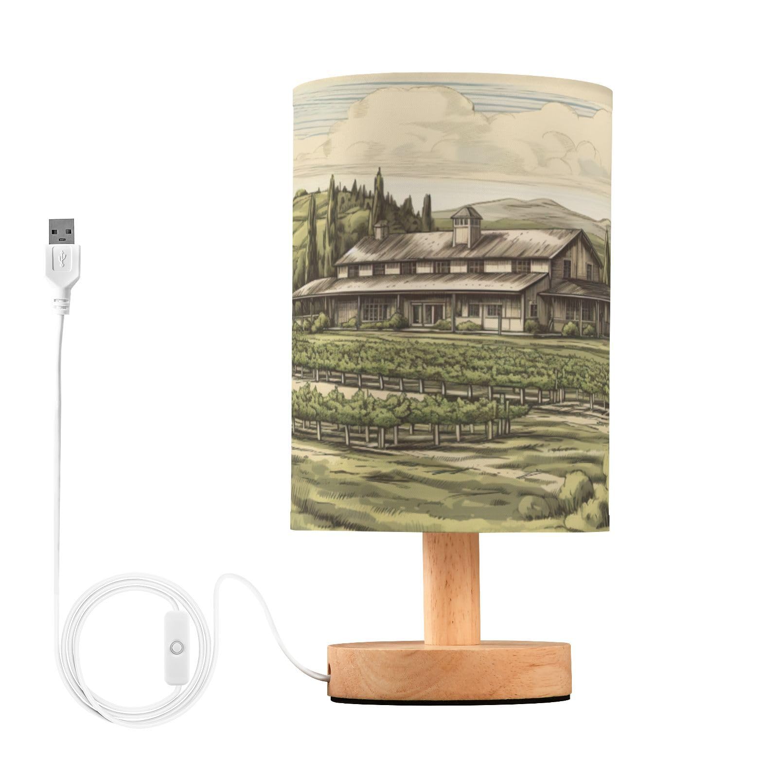SDMKA Vineyard Drawing Bedside Table Lamp for Bedroom, Minimalist Nightstand Lamp with Round Fabric Shade for Living Room, Office, No Bulb Required