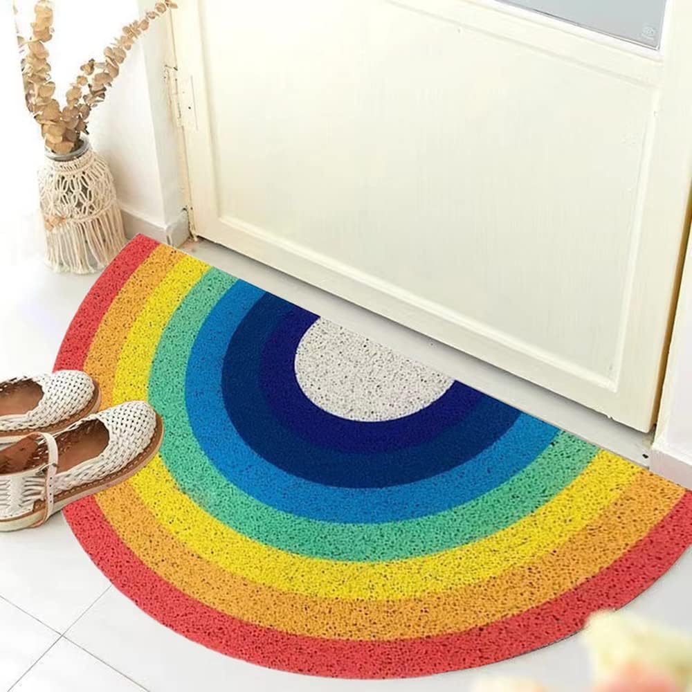 Rainbow Half-Round Doormat, 15.7x31.5 Inch Non-Slip Welcome Mat for Front Door, Indoor/Outdoor Entryway Rug with PVC Backing, Easy to Clean, Cute