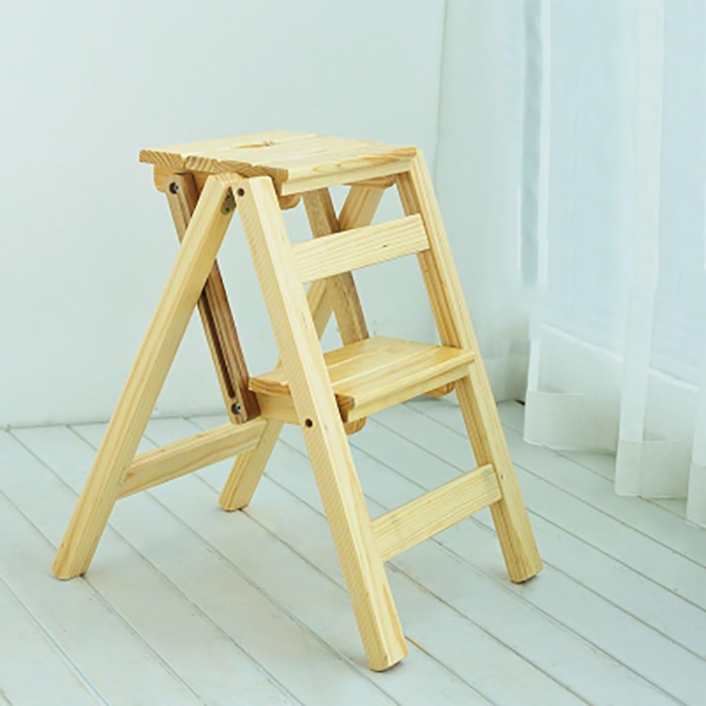 LUNEZY Folding Chair Stairs Multifunction Dual Use Solid Wood 2/3 Steps, 4 Colors, 2 Sizes (Color : Wood Color, Size : 38 * 46 * 50CM)
