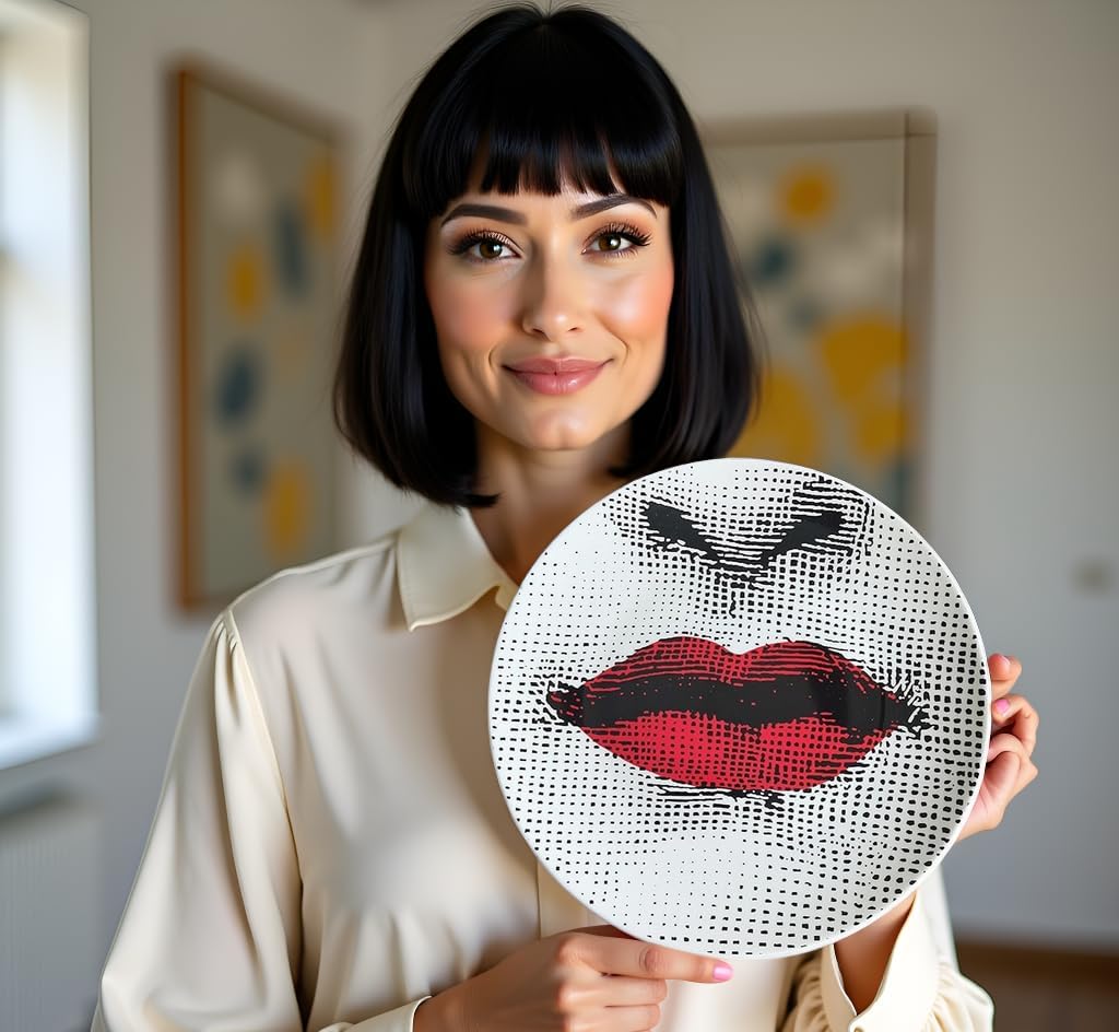 AlphaDesignLuxe 10" Italian-Style Decorative Plate – Modern Art Face Design, Handcrafted Ceramic Platter for Tabletop or Wall Display (Red Lips)