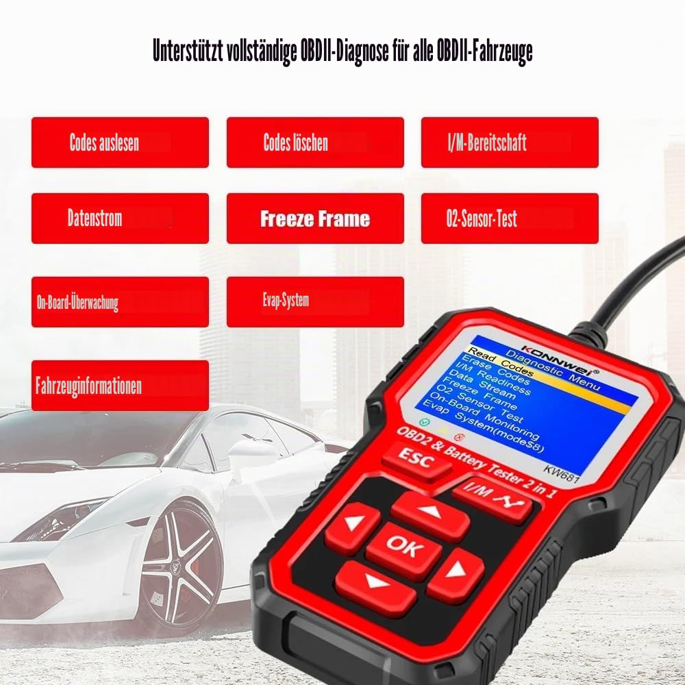 KONNWEI KW681 OBD2 Diagnosegerät & 6V/12V Batterietester, 2-in-1 OBD2 Scanner mit Live-Daten, Fehlercode Auslesegerät, Motorprüfer, Auto-Diagnosetool für BMW VW Audi Benz SUV Alle OBDII Fahrzeugen
