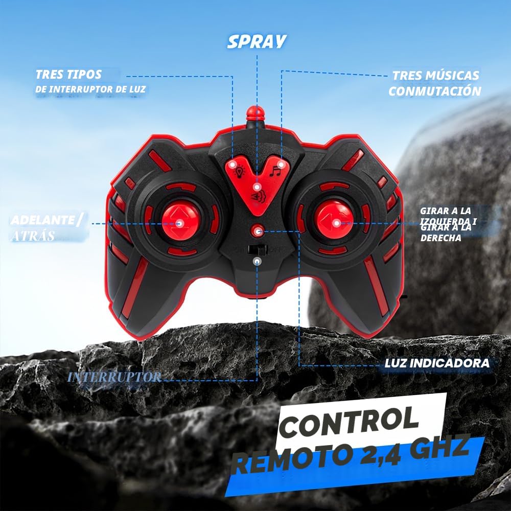 Coche teledirigido 1:16 RC Dinosaurios Monster Truck 2.4GHz 20 Km/h Radiocontrolado Todo Terreno con Niebla rociadora música Luces LED Regalo para niños de 4 5 6 8 años