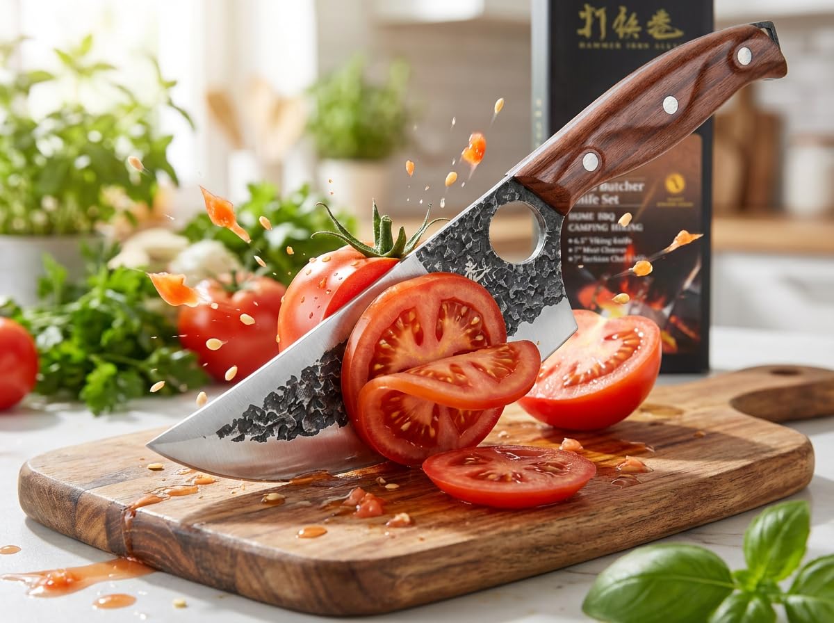 3PCS Butcher Knife Set, 7" Butcher Meat Cleaver, 7" Serbian Chef Knife and 6.5" Viking Knife, Hand Forged Kitchen Knife Set with Plastic Handle, Geat for Home, Camping, BBQ (Unique Finger Hole Design) — Amazon image 7
