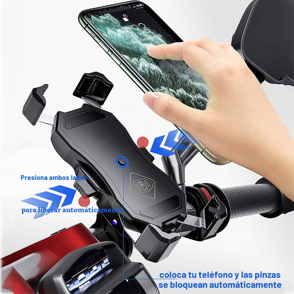iMESTOU Soporte de Teléfono Inalámbrico/USB para Motocicletas QC3.0 Soporte de Móvil para Manillar/Espejo Trasero Carga Rápida para Teléfonos Móviles de 3.5"-6.8"(con un Grosor Máximo de 12mm)