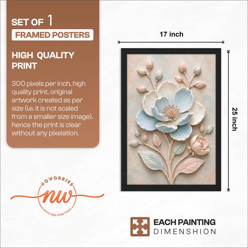 Image of NoWorries Floral Botanical Wall Painting with Frame | Premium Textured Flower & Leaf Artwork, Pastel Nature Wall Decor Framed for Living Room Bedroom Office and Home Decoration (Art-13,17x25inch)