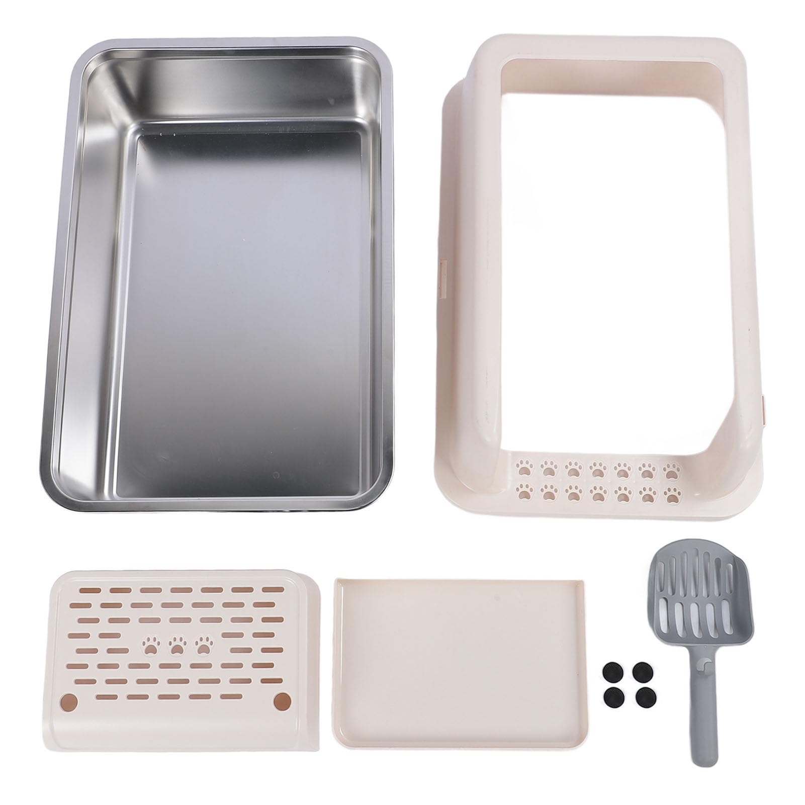 Extra Large Cat Litter Box with Scoop, High Sided Stainless Steel Litter Box for Big Cats, Anti Splashing Semi Closed Design with Splash Guard Cover, Durable and Easy to Clean (Khaki)