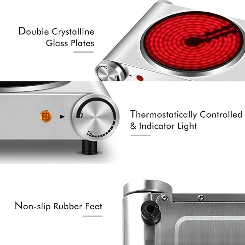 Miniatura 2 de Quemador doble, quemador eléctrico CUSIMAX de cerámica de 1800 W para cocinar, quemador infrarrojo de placa de vidrio, estufa eléctrica portátil de