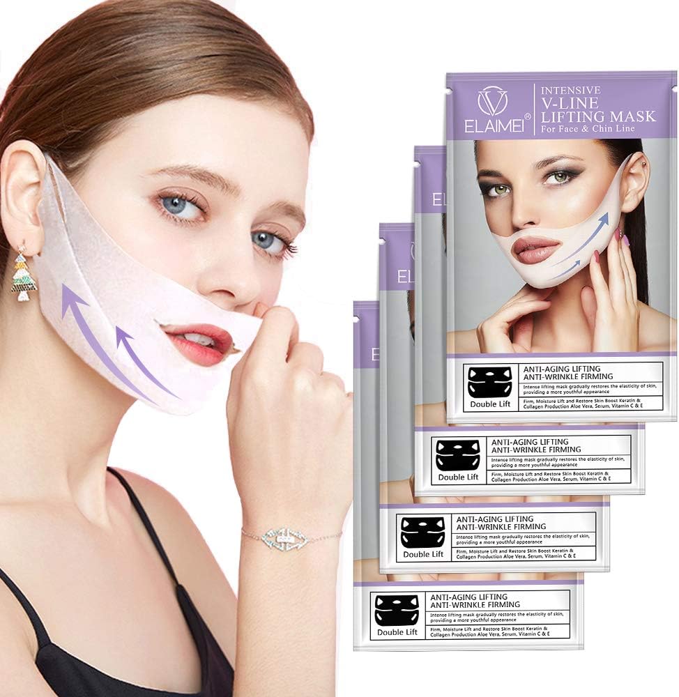 V Line Mask Face Lifting Mask, Double Chin Reducer V-shaped Facial Firming and Moisturizing Korean Chin Up Masks, 4 pcs