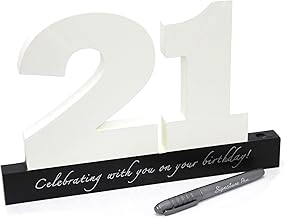 Carousel Home and Gifts Birthday signature plaque, signature numbers 21 birthday keepsake ~ White wooden number blocks with pen included, happy 21st birthday plaque, guest book sign