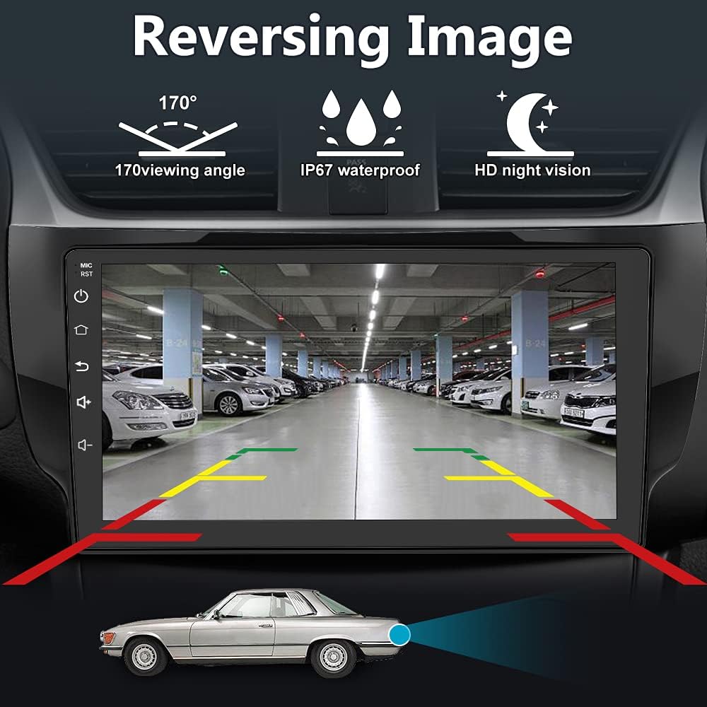 AWESAFE Car Stereo displaying a reversing camera view with parking guidelines in a parking garage.