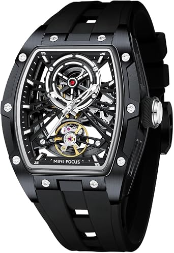 MF MINI FOCUS Mens Automatic Watch Skeleton Luxury Dress Watch, all black, Modern