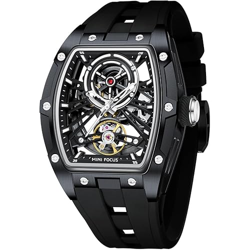 AIMES Men Automatic Watch Tonneau Luxury Skeleton Watches for Men Automatic Mechanical Winding Waterproof Analogue Watches Mens Unique Cool Square Big Face Dial Wristwatch with Silicone Strap Band