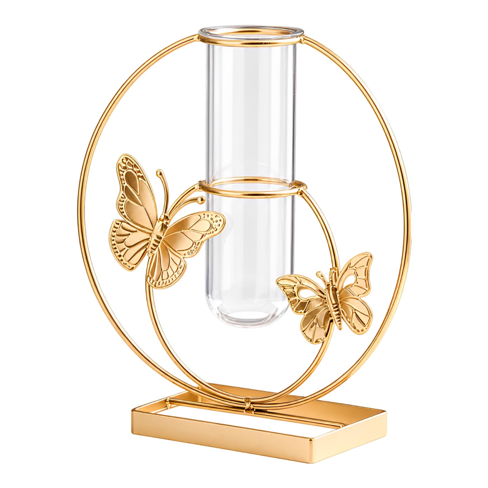 Hydroponischer Blumentopf mit 3D Schmetterlingsmuster, Goldmetall und Klarglas, 20 x 21 cm, Tischvase mit herausnehmbaren Reagenzglas-Einsätzen für Wohnzimmer, Home Office und Hochzeitstafel