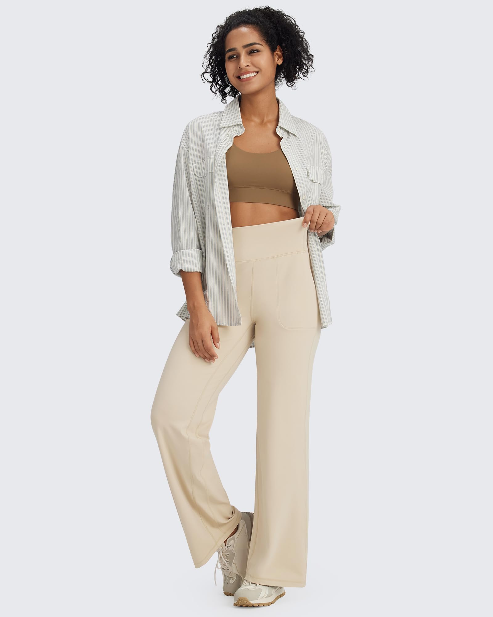 G4Free BareFeel - Pantaloni da yoga da donna, morbidi, a vita alta, casual, a gamba larga, con tasche, Khaki chiaro , S