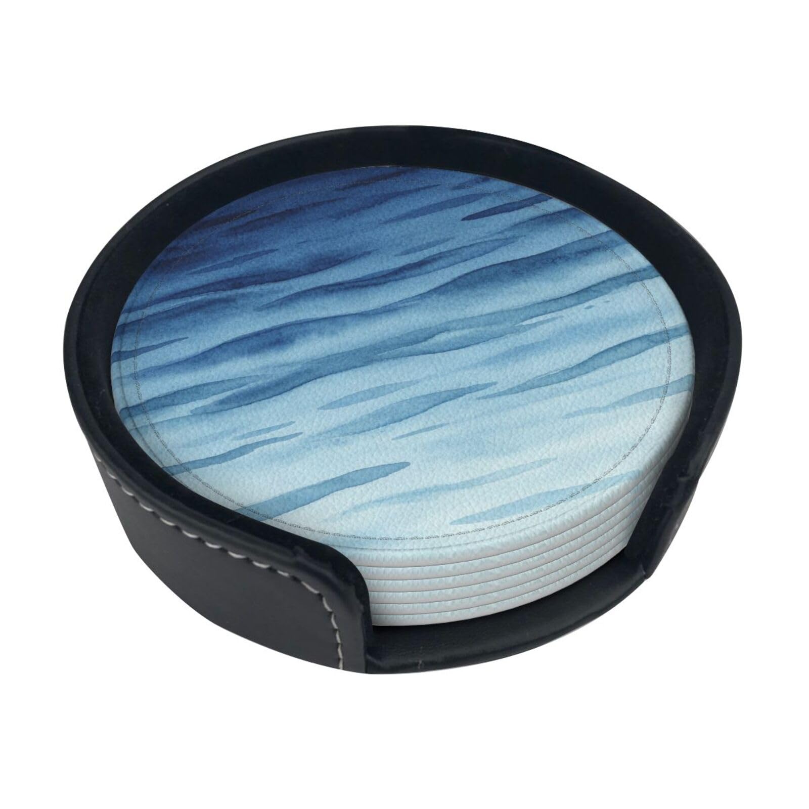 Blue Wave Line Leather Coasters-Set of 6 with Storage Holder