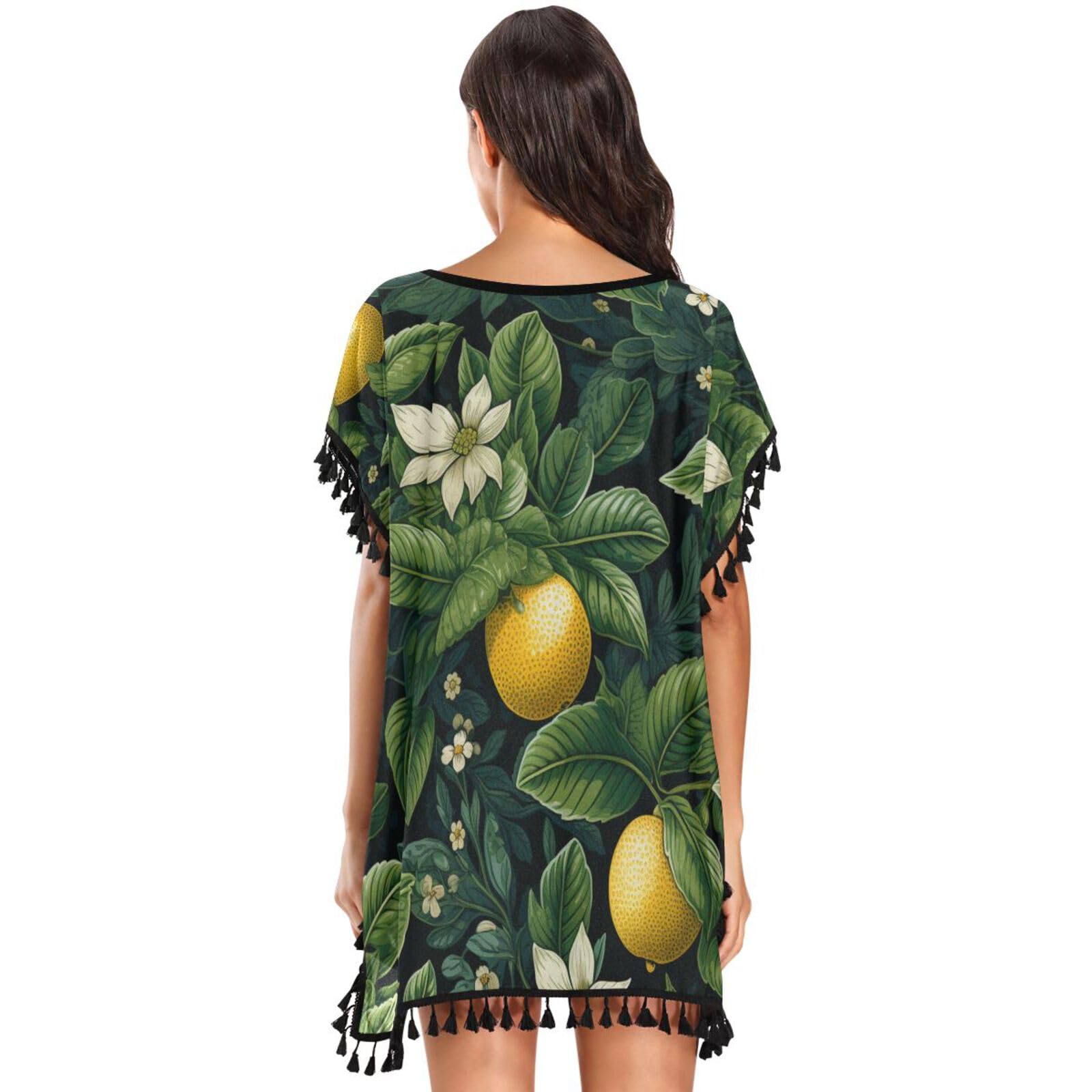 KAAVIYO Repeating Pattern Strawberry Lemons Women's Beach Cover Up Chiffon Tassel Swimwear Swimsuit Coverups for Girl