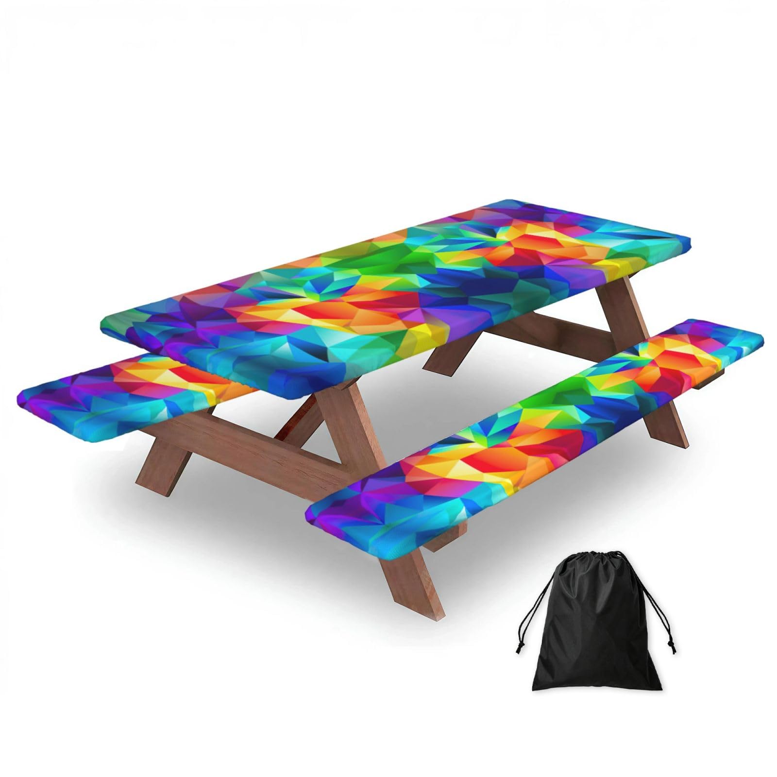 Zyjhyy Black Rainbow Geometric Print Party Table Covers With Bench Covers Set Of 3 Picnic Table Cloth Wipe Clean For Garden Camping