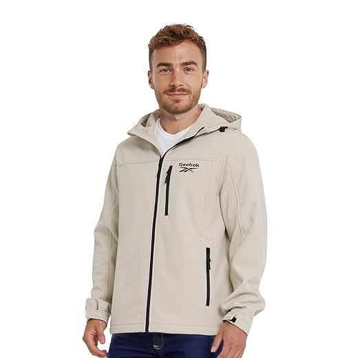 Reebok Jaqueta masculina à prova d'água macia – casaco de chuva leve com capuz e microfleece