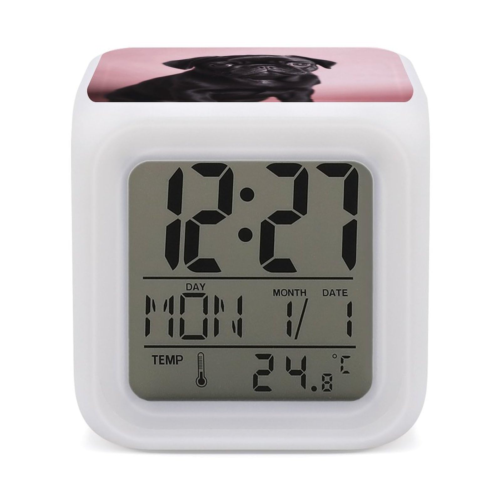 VstaDank Cute Black Pug Digital Alarm Clock LED Display Screen Color Change Alarms Clock Smart Alarm Clock Wake Up Digital Clocks with 7 Color Nightlight for Bedroom