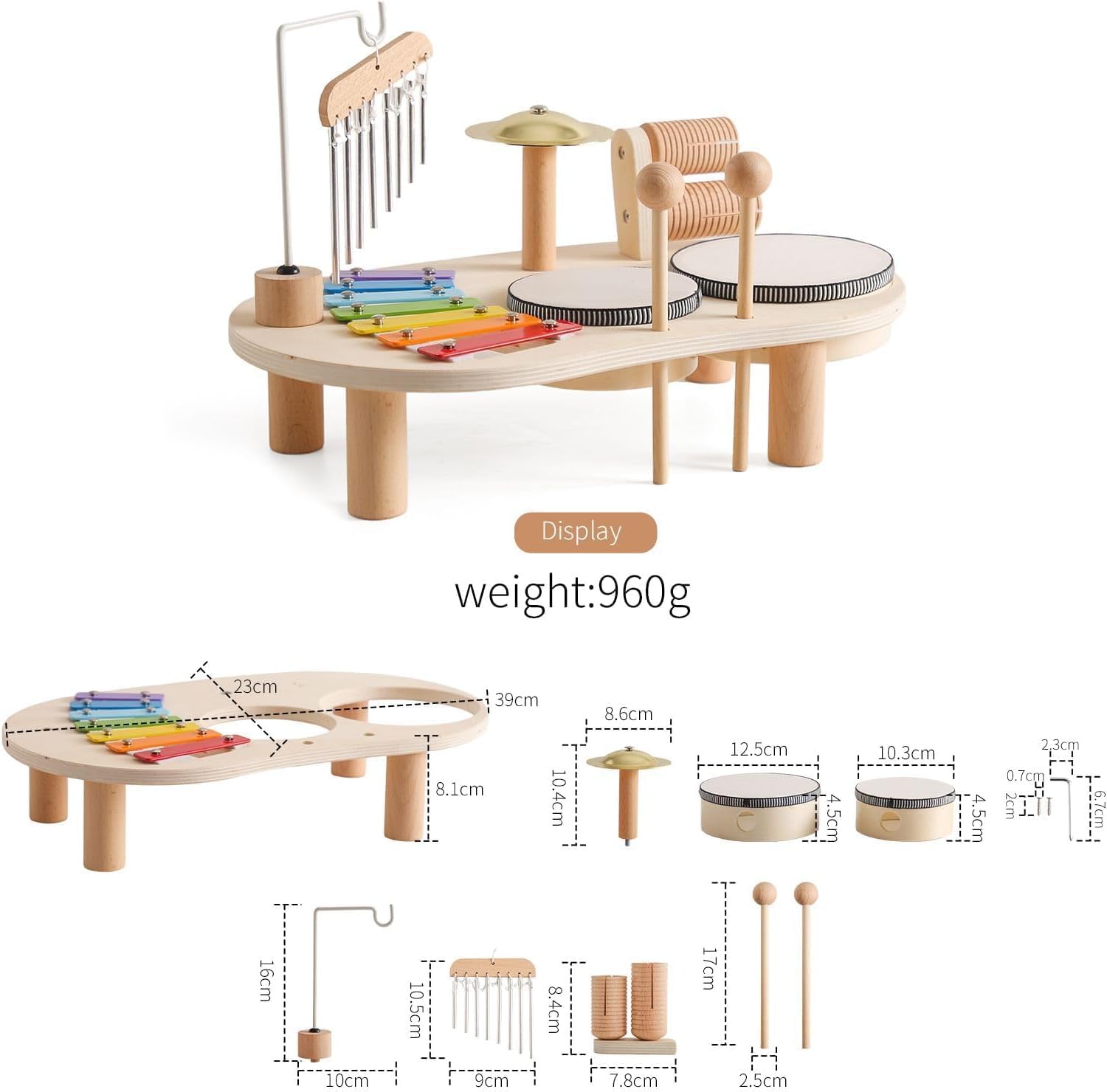 Holz Montessori Musikinstrumente für Kinder ab 1 2 3 Jahre, Schlagzeugset mit Xylophon Trommel, Lernspielzeug Geschenk