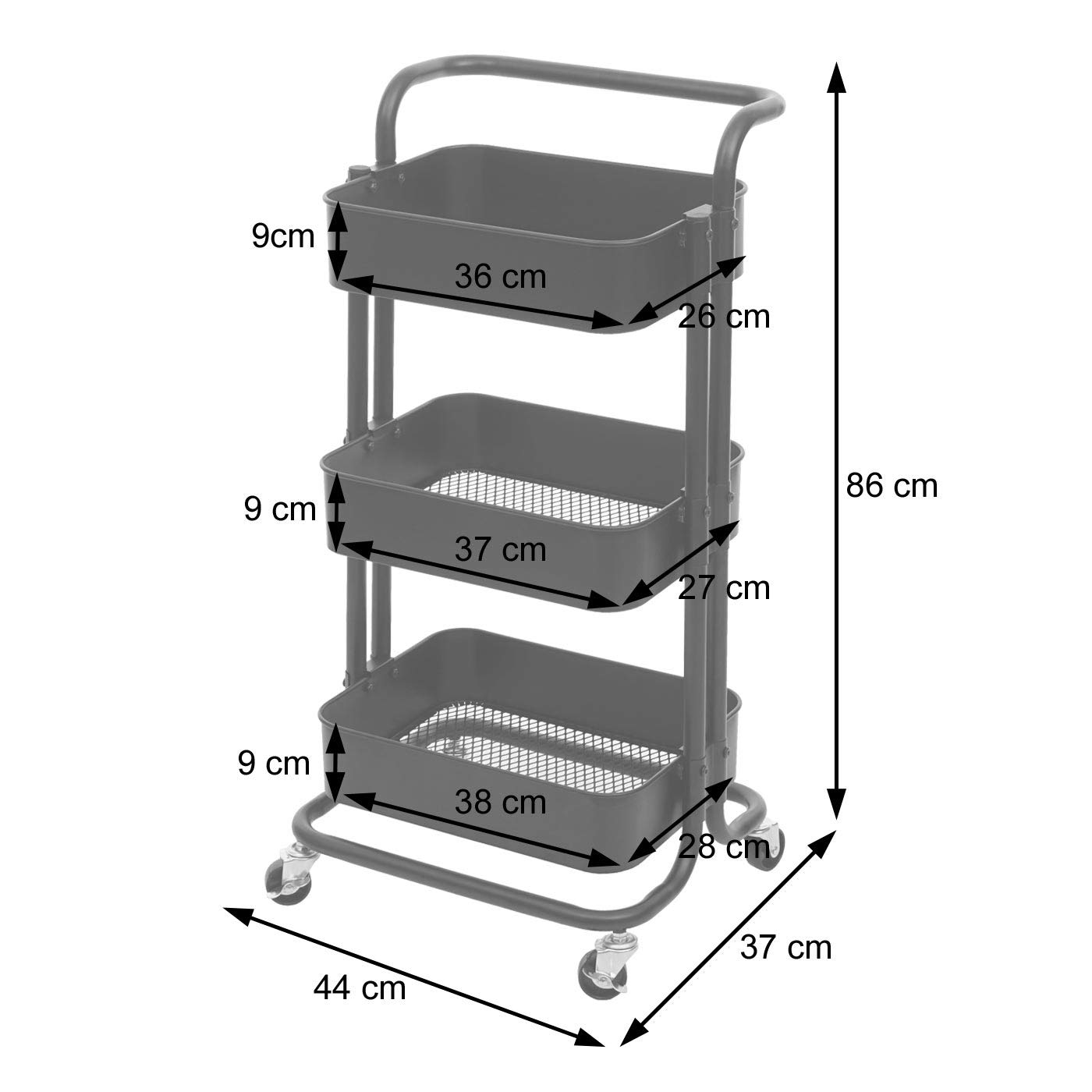 Mendler HWC-C64 - Carro de cocina con asa, color negro | Carrito de bar, carro de té, carrito de transporte