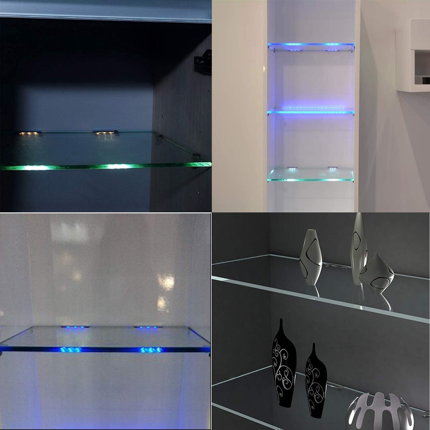 AIBOO Set di 12 illuminazioni LED per superfici in vetro, con clip per bordi in vetro, RGB, cambio colore, illuminazione per vetrine, illuminazione per armadi con telecomando
