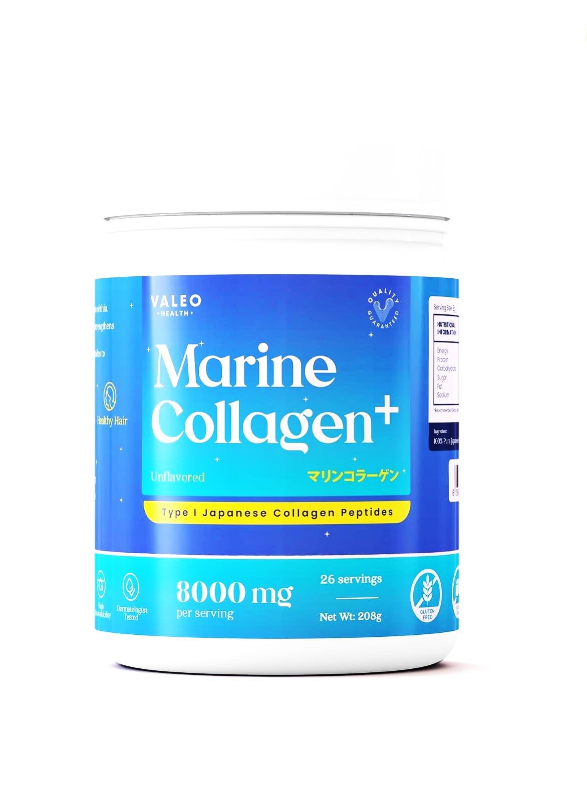 Valeo Marine Collagen Powder – Premium Japanese Collagen Peptides, Unflavored, 208g (8g per Serving) – Supports Skin, Hair, Nails, Joints & Digestion – Easy to Mix