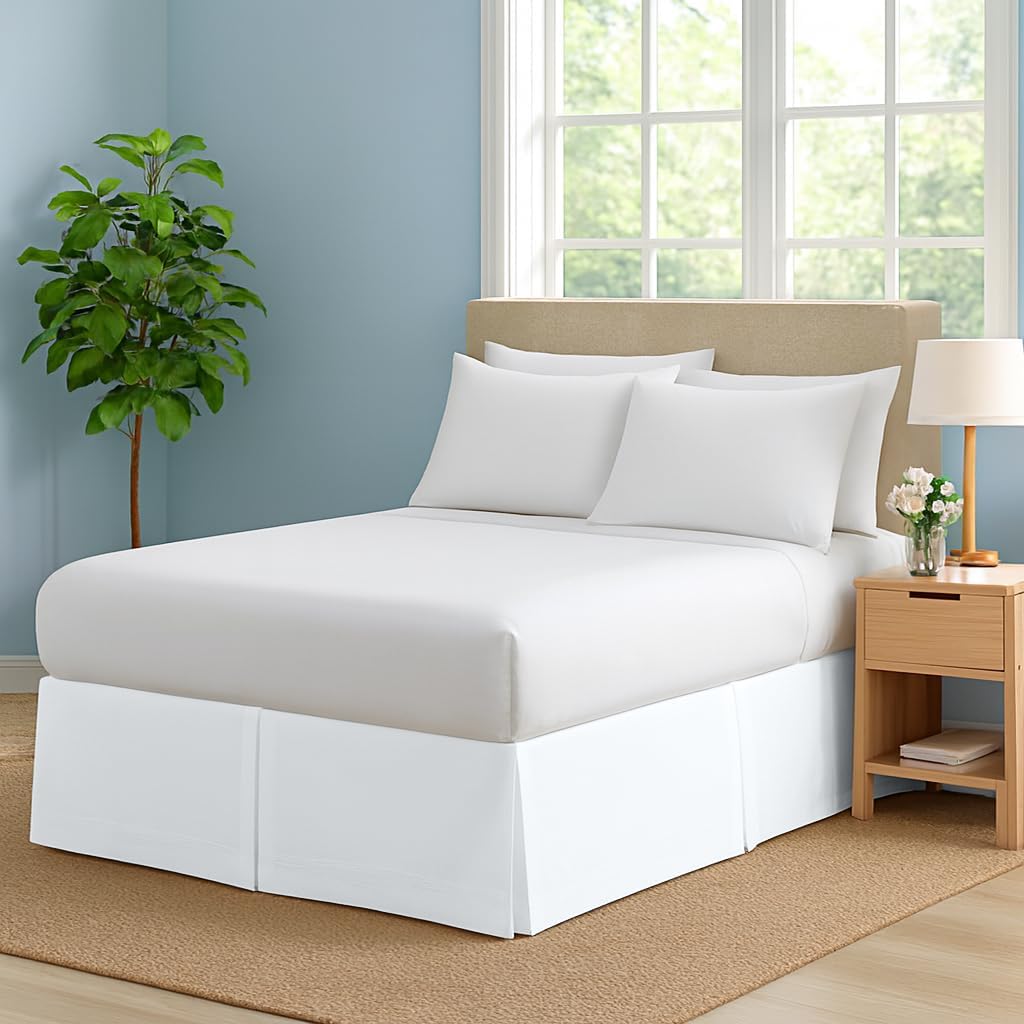 Premium Queen Size Bed Skirt by Comfort Beddings – 100% Cotton Blend, 11" Drop Length, Split Corner, Tailored Fit, Elegant Pleated Style, White