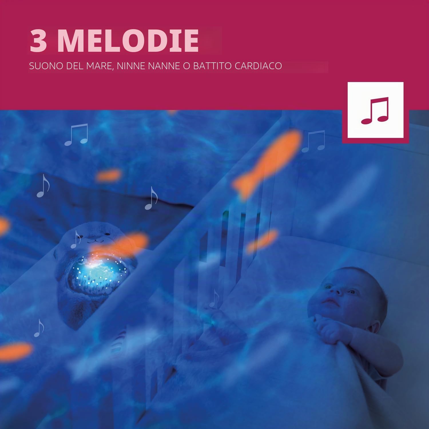ZAZU Otto der Otter - Proiettore di luce notturna a LED, oceano, pesci mobili, onde, 5 melodie, 3 livelli di sonno, rilevazione del rumore, funzionamento a batteria