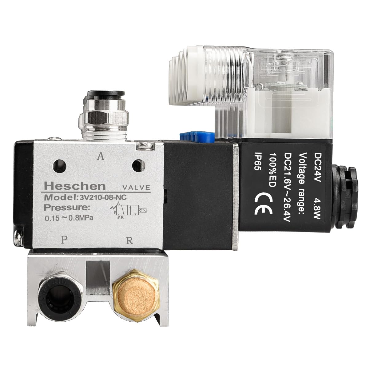Heschen Válvula solenoide neumática eléctrica de 6, 3V210-08, DC24V, PT1/4, 3/2 vías, conjunto de accesorios rápidos de silenciador base colector