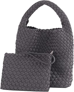 Fashion Tote Satchel Ladies Handmade Woven Hobo Handbags Adjustable Shoulder Bucket Bag Top-handle with Purse for Women (Grey)