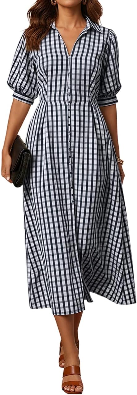 Gingham Summer Dresses for Women 2026 Slit Hemline Trendy Puff Sleeve Button Down Midi Dress