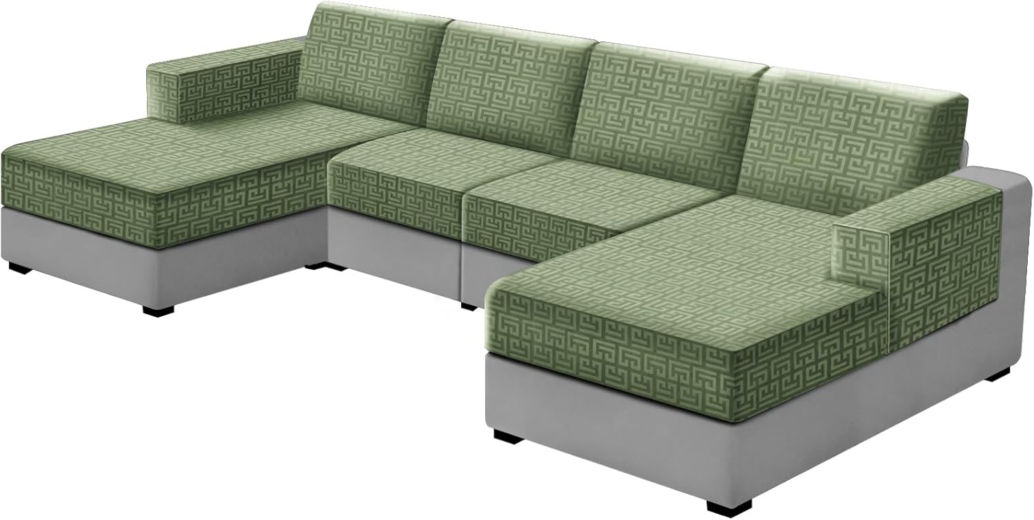 UNBBRRL Stretch Couch Seat Cushion Cover for U-Shaped Modular Sectional Couch, Velvet Anaglyph Upholstered Cover for Sofa Bed with Deep Double Chaise with 4 Ties (Avocado,1 Piece Chaise)