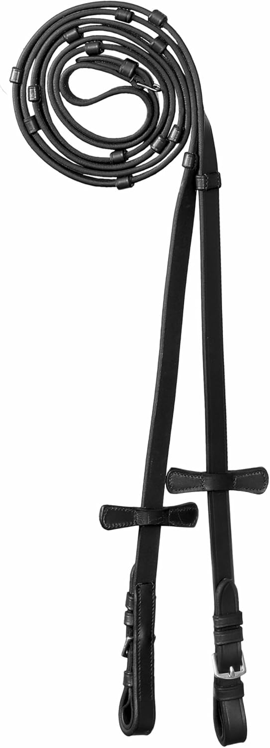 Exion Leather Reins for Horses with 7 Hand Stops – 5/8” Wide English Riding Reins with Martingale Stoppers – Vegetable-Tanned Leather with Stainless Steel Buckles – Black & Brown