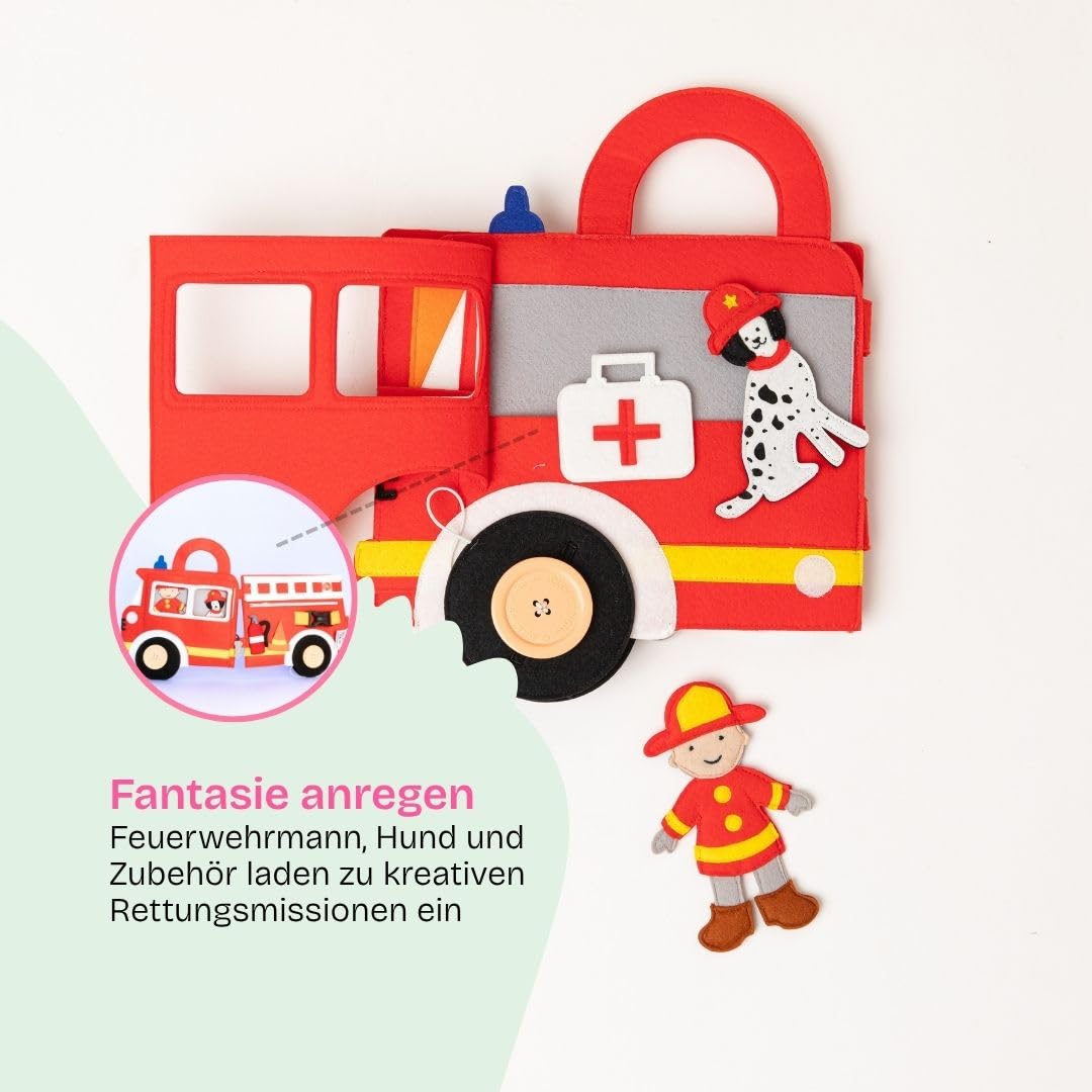 Jolly Designs Travel Buddy Vigili del fuoco – Montessori Giocattoli a partire dai 18 mesi – Busy Book & Libro in stoffa in feltro – Giocattoli educativi & Libro in moto per bambini – Giocattoli da